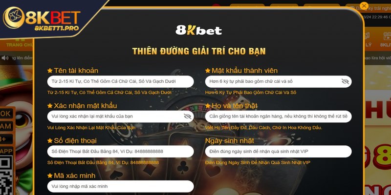 Đăng ký 8KBET đơn giản để bước vào thế giới giải trí 2 Truy cập vào trang chủ 8KBET rồi điền thông tin