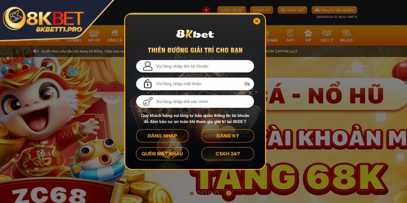 Đăng nhập 8KBET - 1 phút 30 giây cho trải nghiệm an toàn 1 Đầu tiên anh em cần tìm kiếm và truy cập vào link chính thống